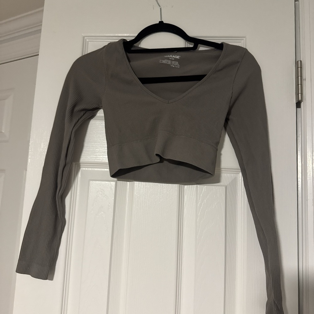 Garage Taupe V-Neck Long Sleeve Crop Top